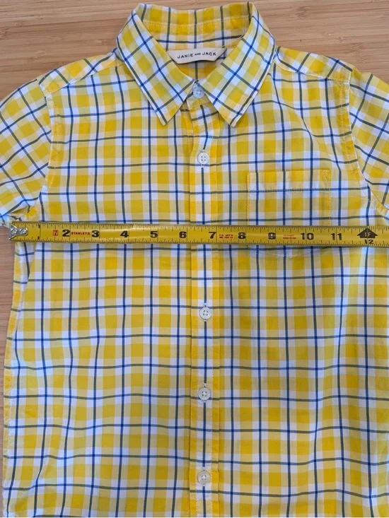 Janie And Jack Boy Small 5 Button Up Shirt Yellow Plaid Roll Sleeve Window Pane - Picture 6 of 8